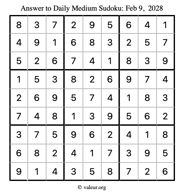 Answer to medium sudoku February 9, 2028