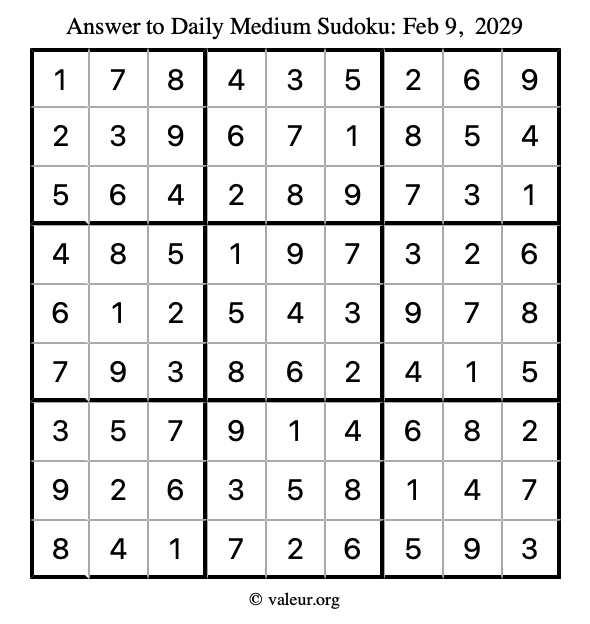 Answer to medium sudoku February 9, 2029