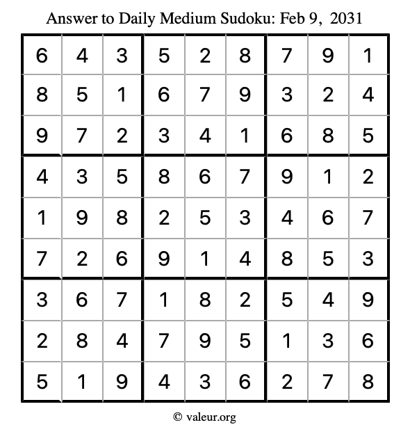 Answer to medium sudoku February 9, 2031
