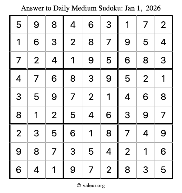 Answer to medium sudoku January 1, 2026