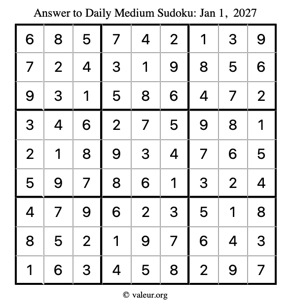 Answer to medium sudoku January 1, 2027