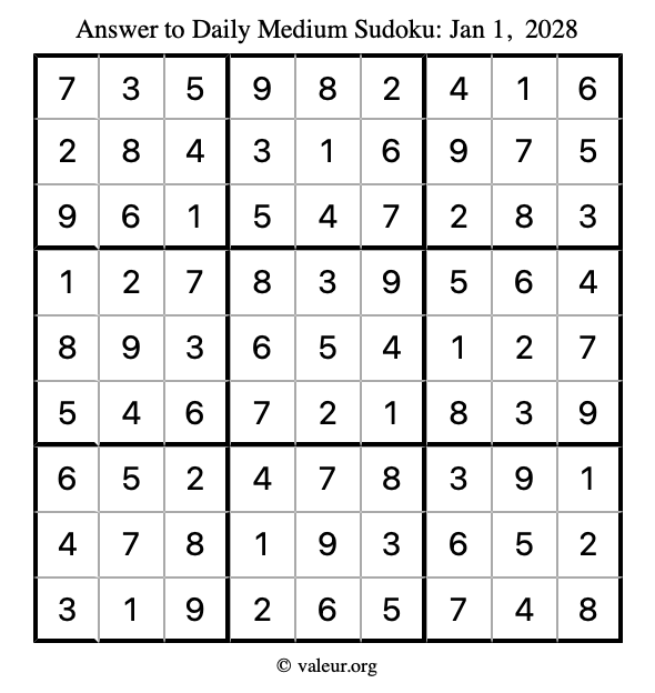 Answer to medium sudoku January 1, 2028
