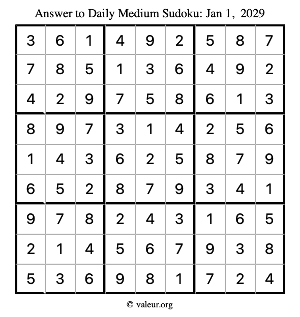 Answer to medium sudoku January 1, 2029