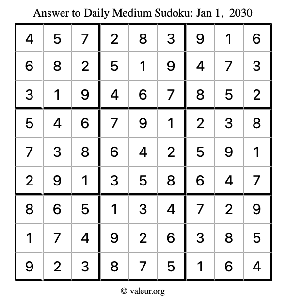 Answer to medium sudoku January 1, 2030