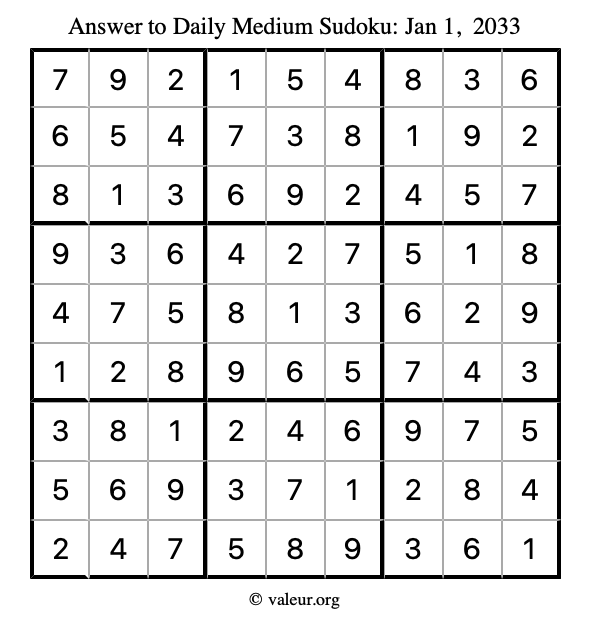 Answer to medium sudoku January 1, 2033