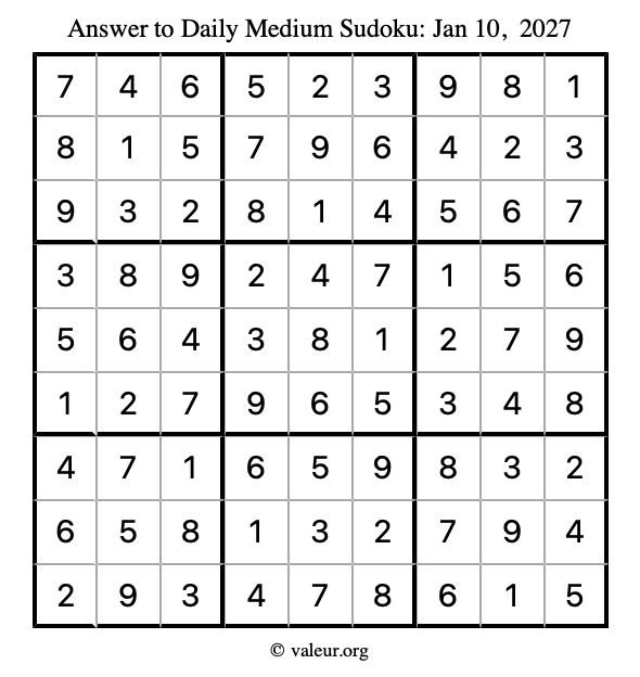 Answer to medium sudoku January 10, 2027