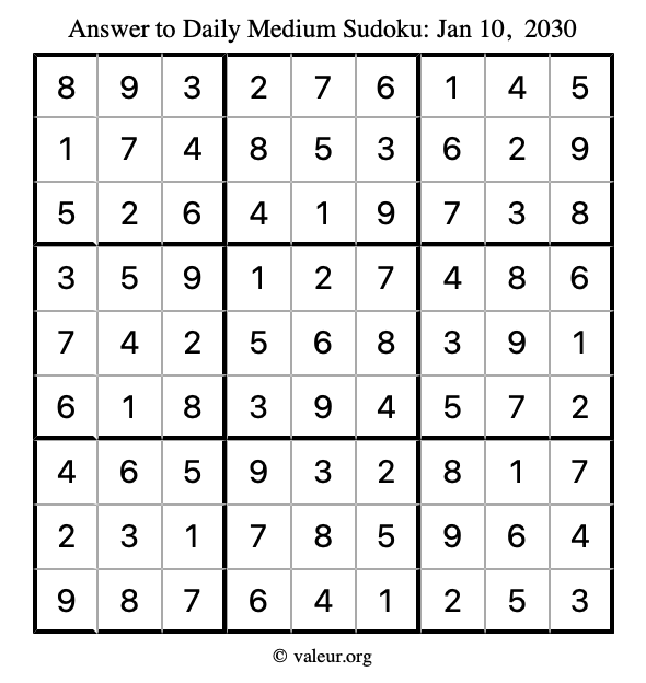 Answer to medium sudoku January 10, 2030