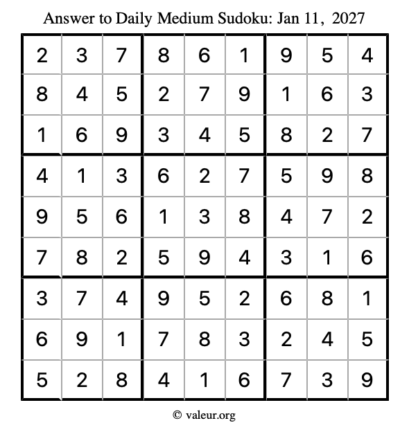 Answer to medium sudoku January 11, 2027