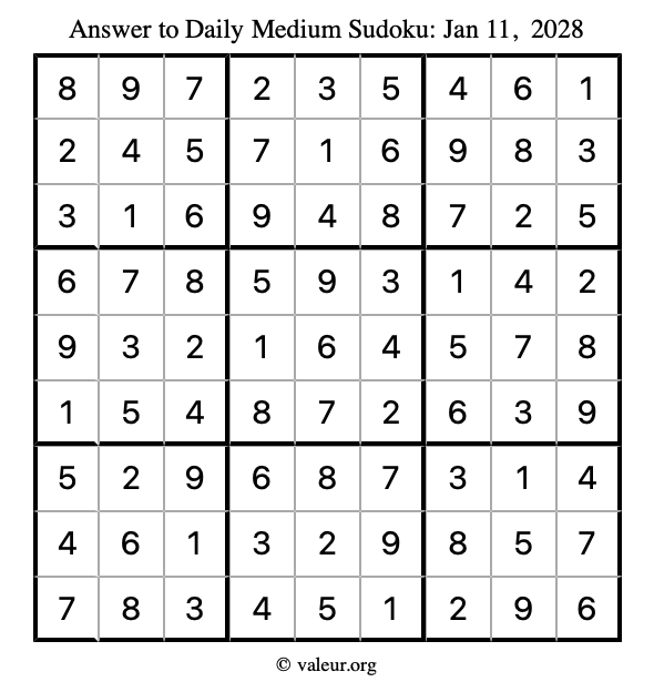Answer to medium sudoku January 11, 2028