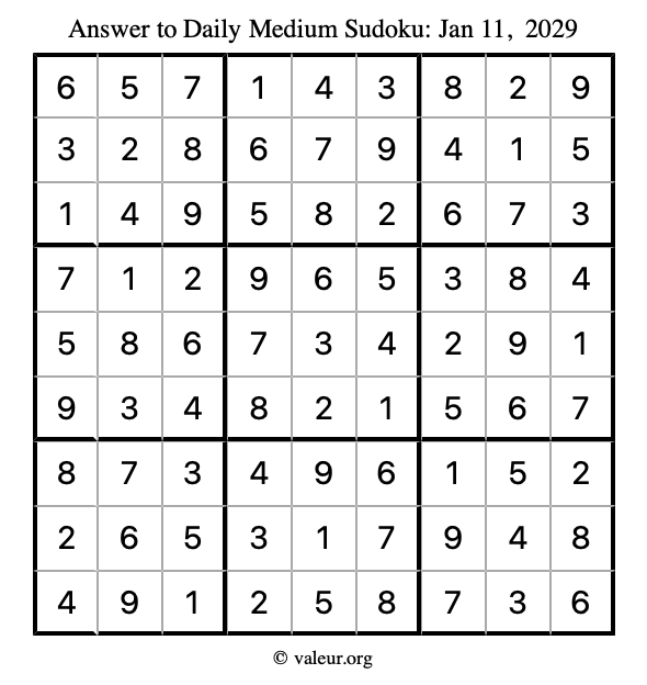 Answer to medium sudoku January 11, 2029