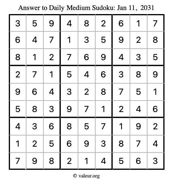 Answer to medium sudoku January 11, 2031