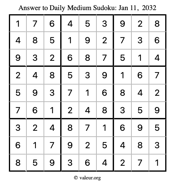 Answer to medium sudoku January 11, 2032