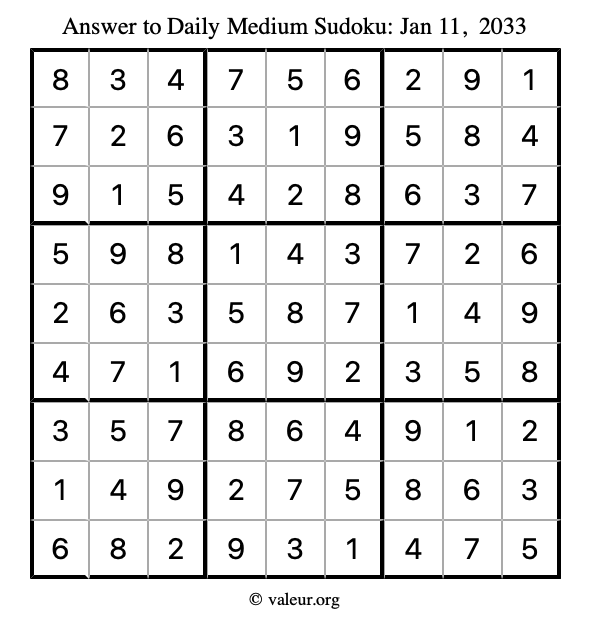 Answer to medium sudoku January 11, 2033