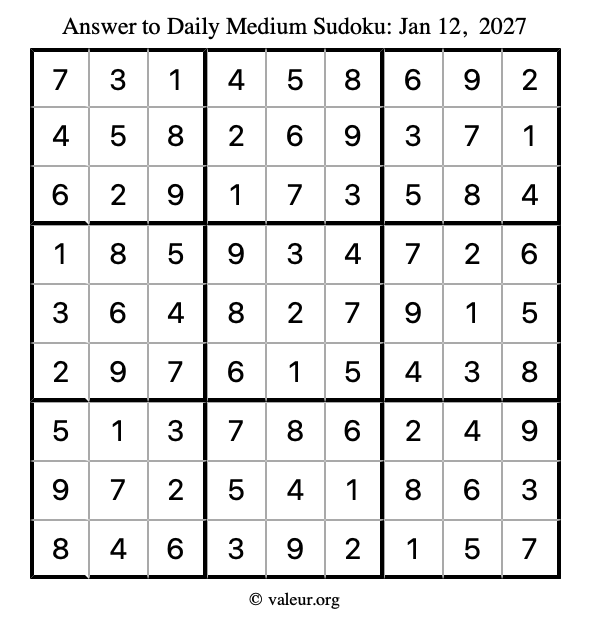 Answer to medium sudoku January 12, 2027
