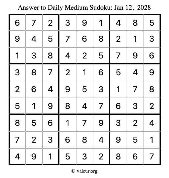 Answer to medium sudoku January 12, 2028