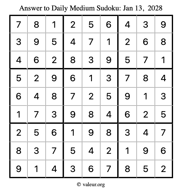 Answer to medium sudoku January 13, 2028