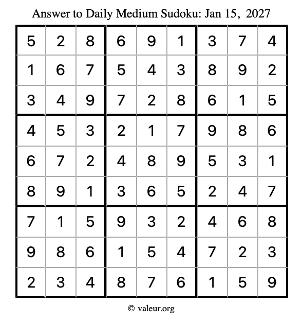 Answer to medium sudoku January 15, 2027