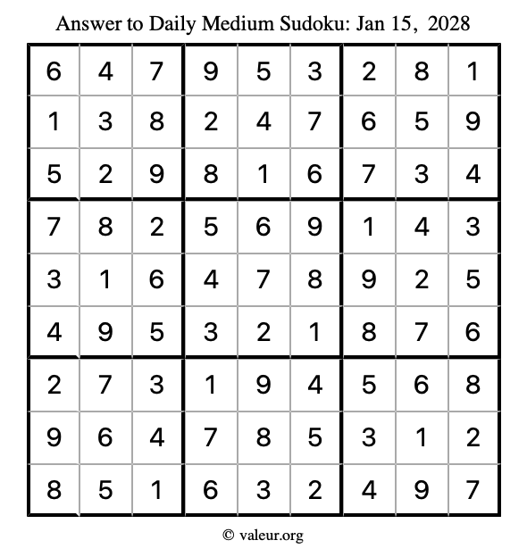 Answer to medium sudoku January 15, 2028