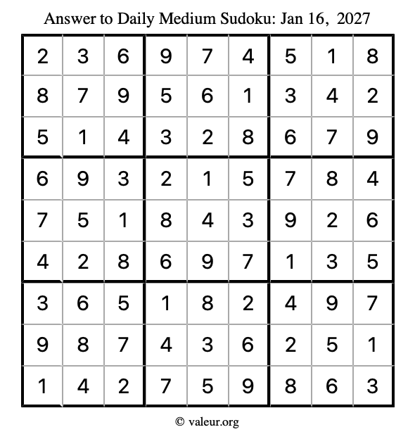 Answer to medium sudoku January 16, 2027