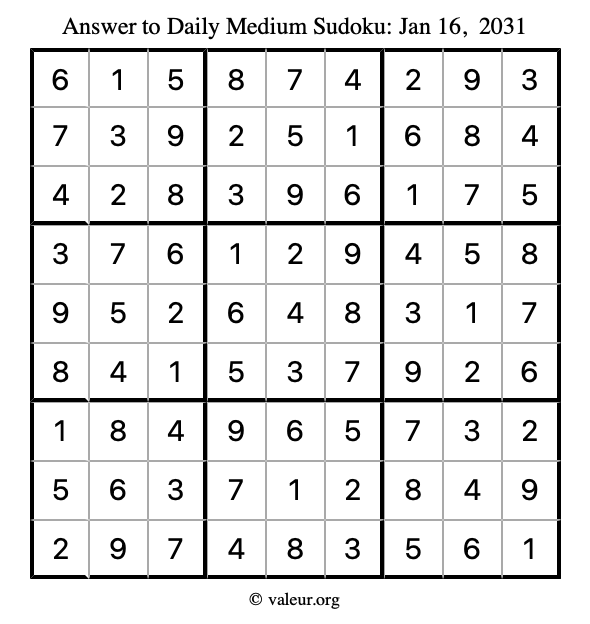 Answer to medium sudoku January 16, 2031