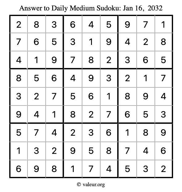 Answer to medium sudoku January 16, 2032