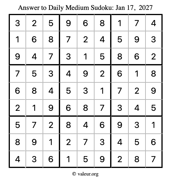Answer to medium sudoku January 17, 2027