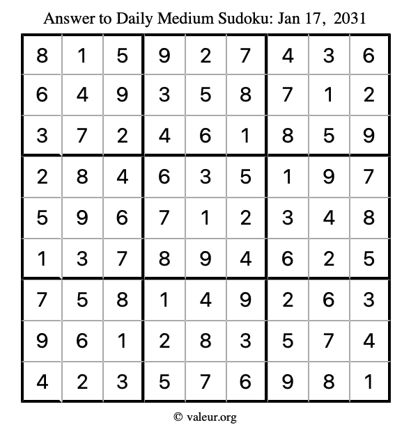Answer to medium sudoku January 17, 2031