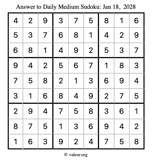 Answer to medium sudoku January 18, 2028