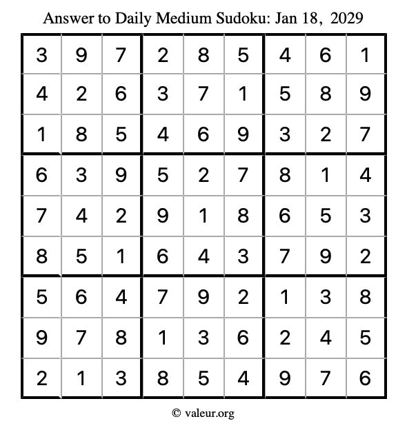 Answer to medium sudoku January 18, 2029