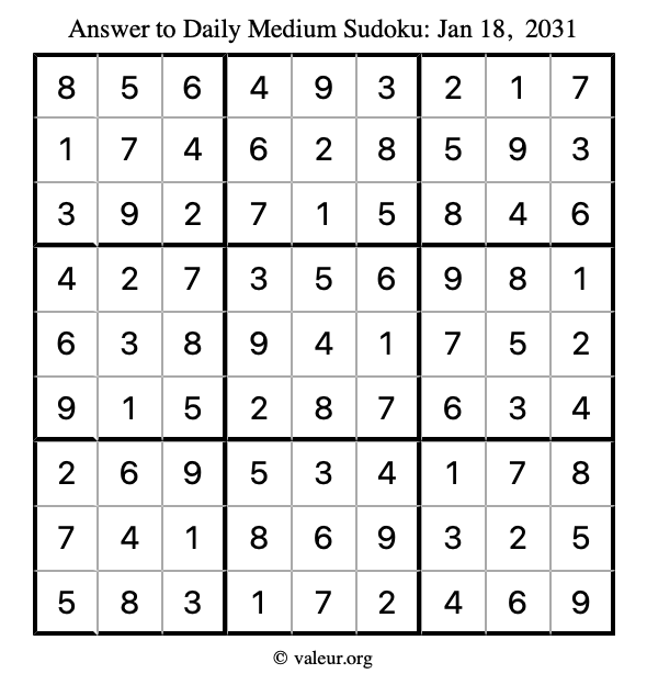 Answer to medium sudoku January 18, 2031