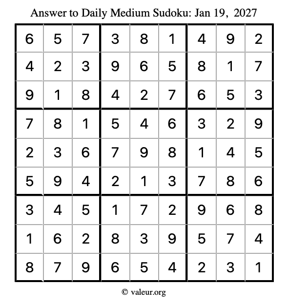 Answer to medium sudoku January 19, 2027