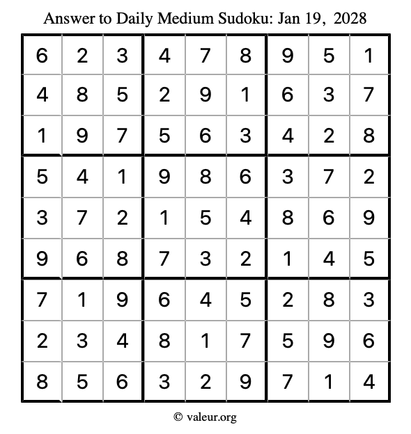 Answer to medium sudoku January 19, 2028