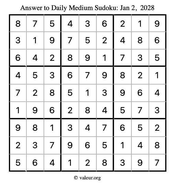 Answer to medium sudoku January 2, 2028