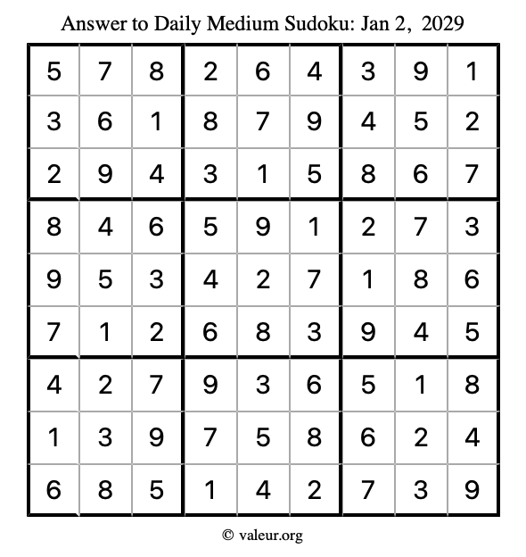 Answer to medium sudoku January 2, 2029