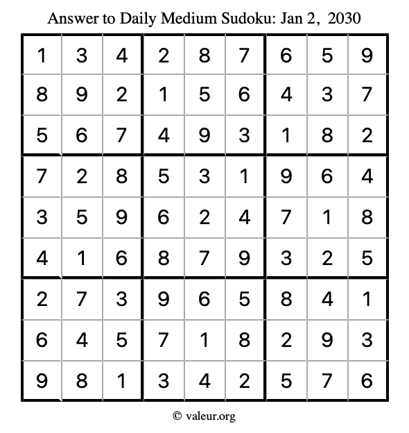 Answer to medium sudoku January 2, 2030