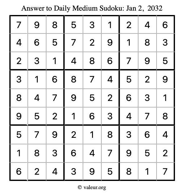 Answer to medium sudoku January 2, 2032