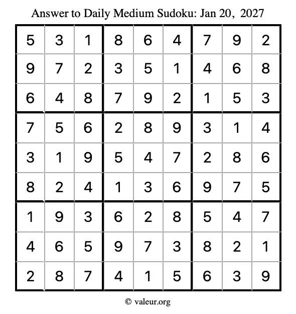 Answer to medium sudoku January 20, 2027