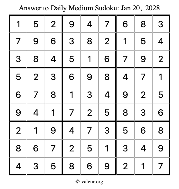 Answer to medium sudoku January 20, 2028