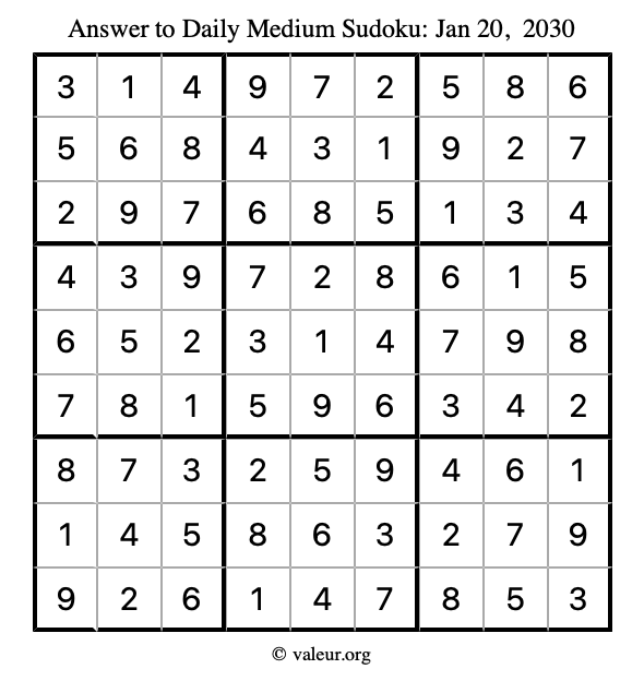 Answer to medium sudoku January 20, 2030