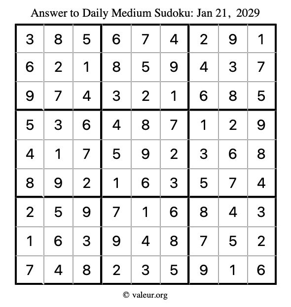 Answer to medium sudoku January 21, 2029