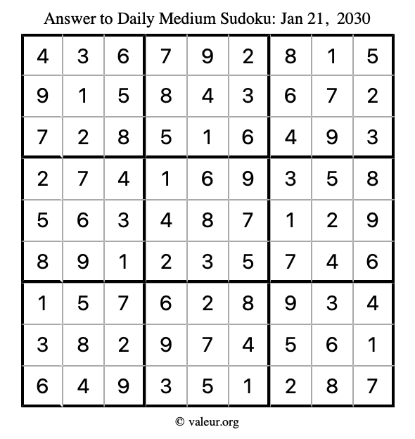 Answer to medium sudoku January 21, 2030
