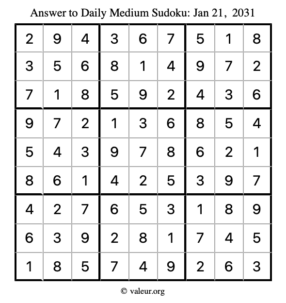 Answer to medium sudoku January 21, 2031