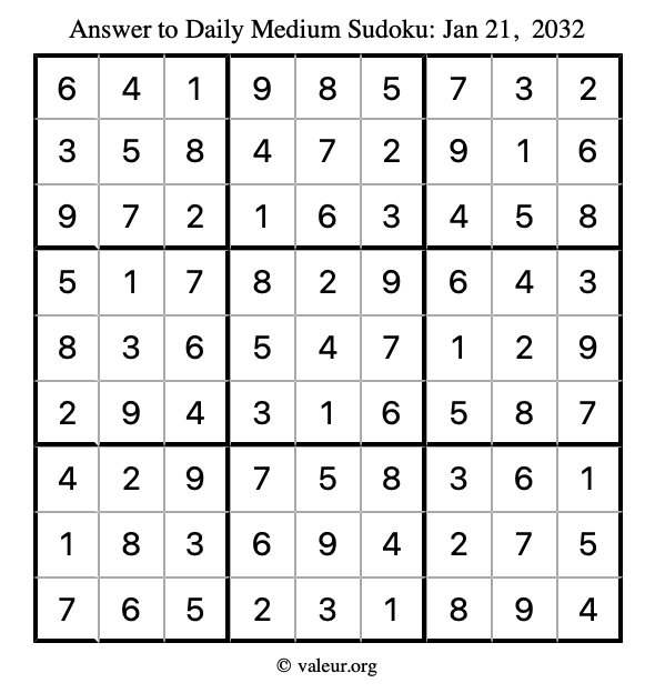 Answer to medium sudoku January 21, 2032