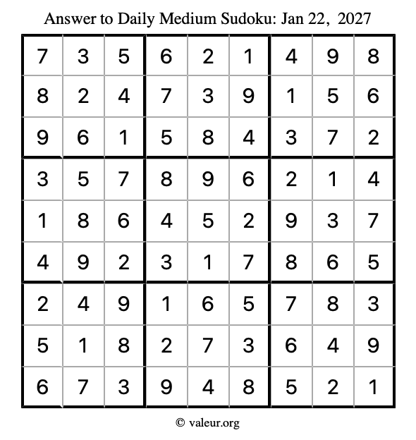 Answer to medium sudoku January 22, 2027
