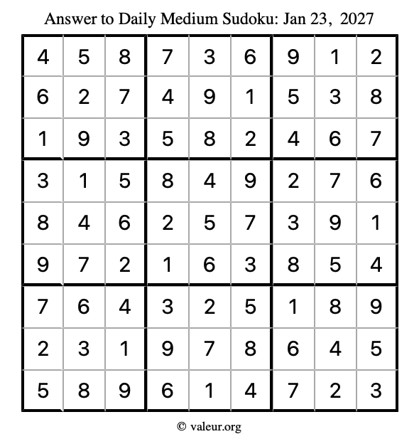 Answer to medium sudoku January 23, 2027