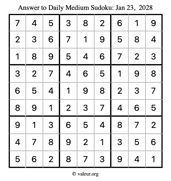 Answer to medium sudoku January 23, 2028