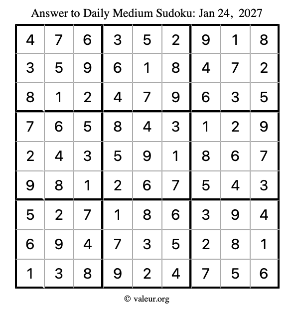 Answer to medium sudoku January 24, 2027