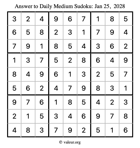 Answer to medium sudoku January 25, 2028