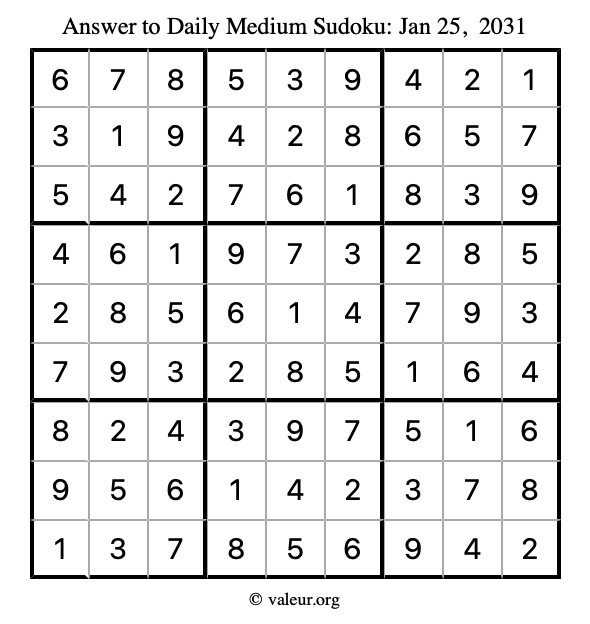 Answer to medium sudoku January 25, 2031