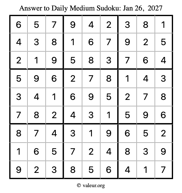 Answer to medium sudoku January 26, 2027